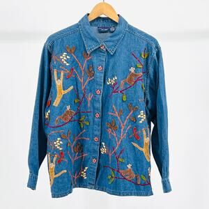 90s Oversized Dark Blue Denim Button Down with Felt Monkey Embroidery